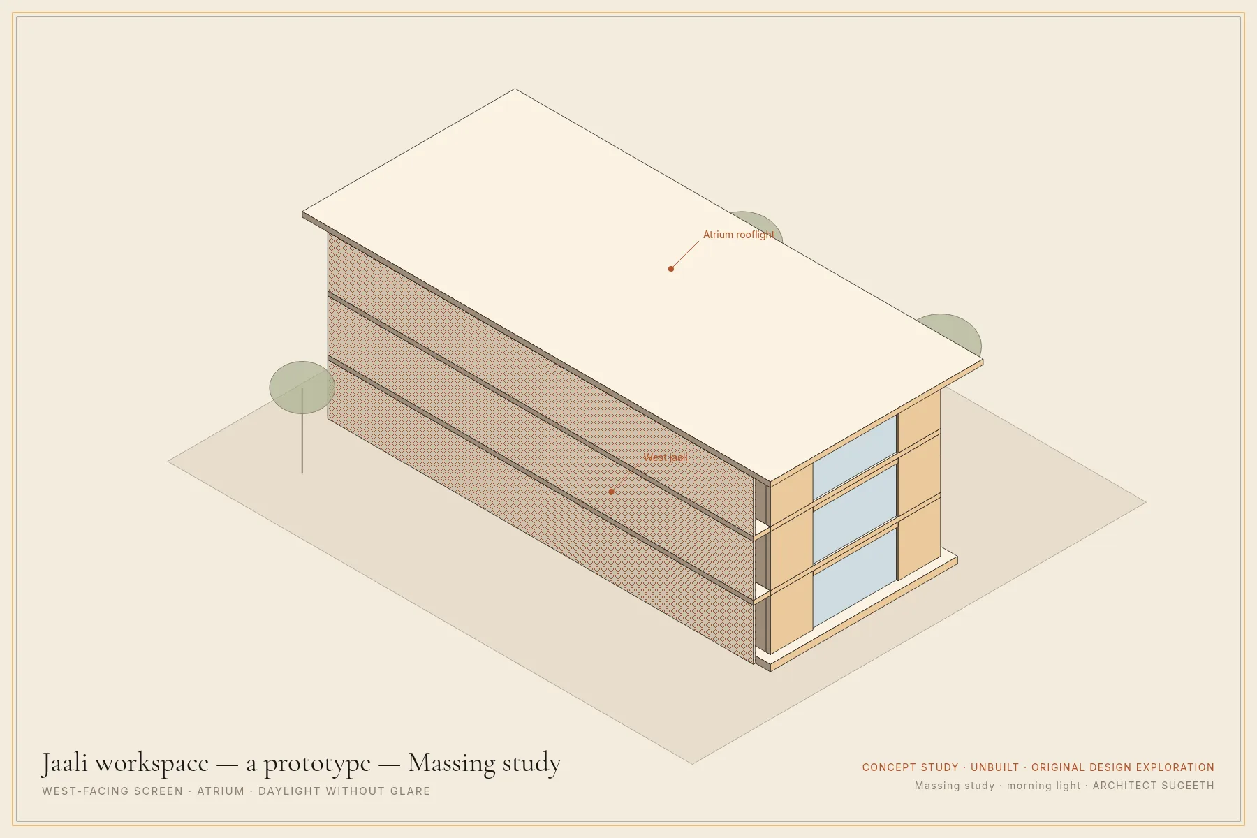 Massing in morning light · Concept study · not built