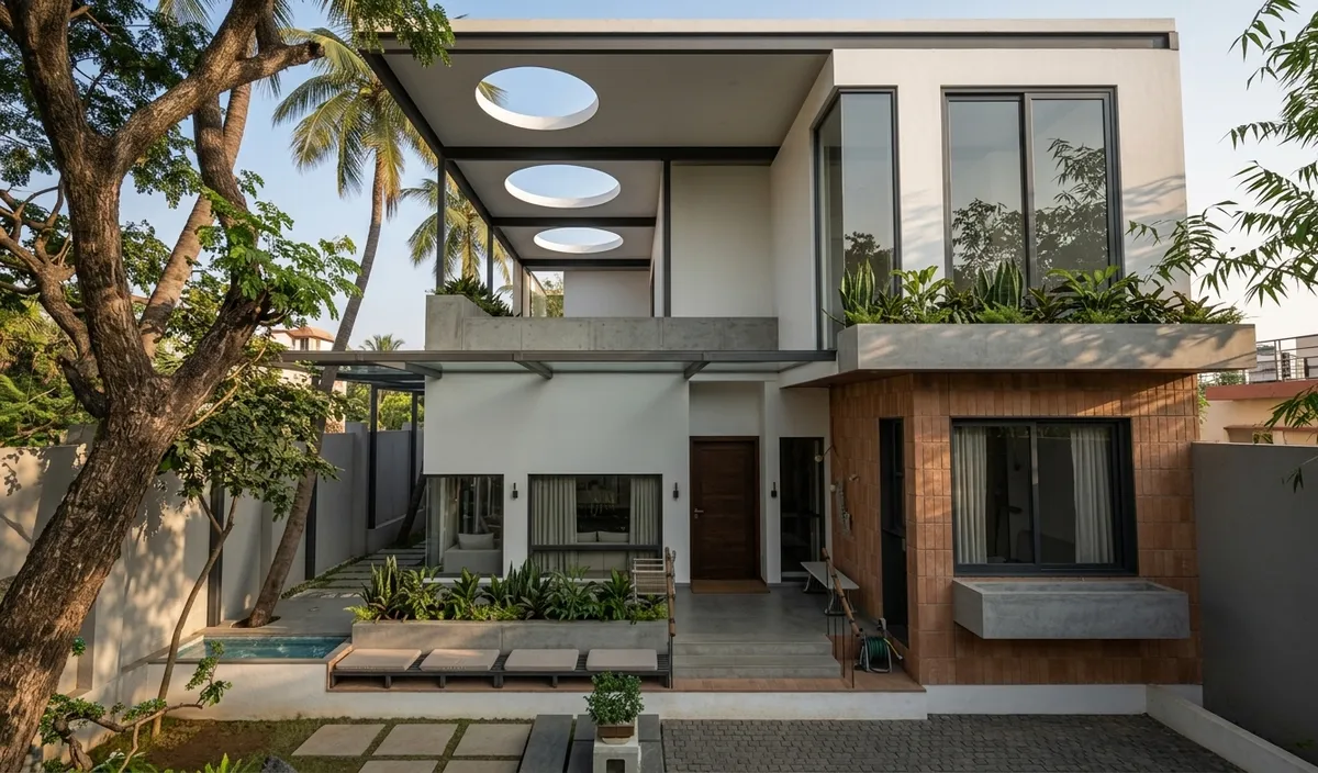 Visualisation of a family residence in Dharwad: terracotta wing, floating roof with circular cut-outs and sunken courtyard garden
