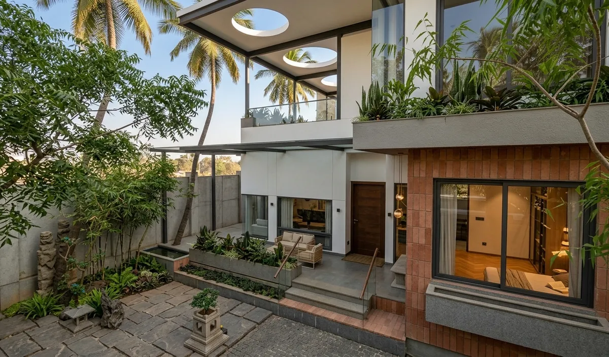 Visualisation: deep concrete overhang with three circular cut-outs over the upper terrace