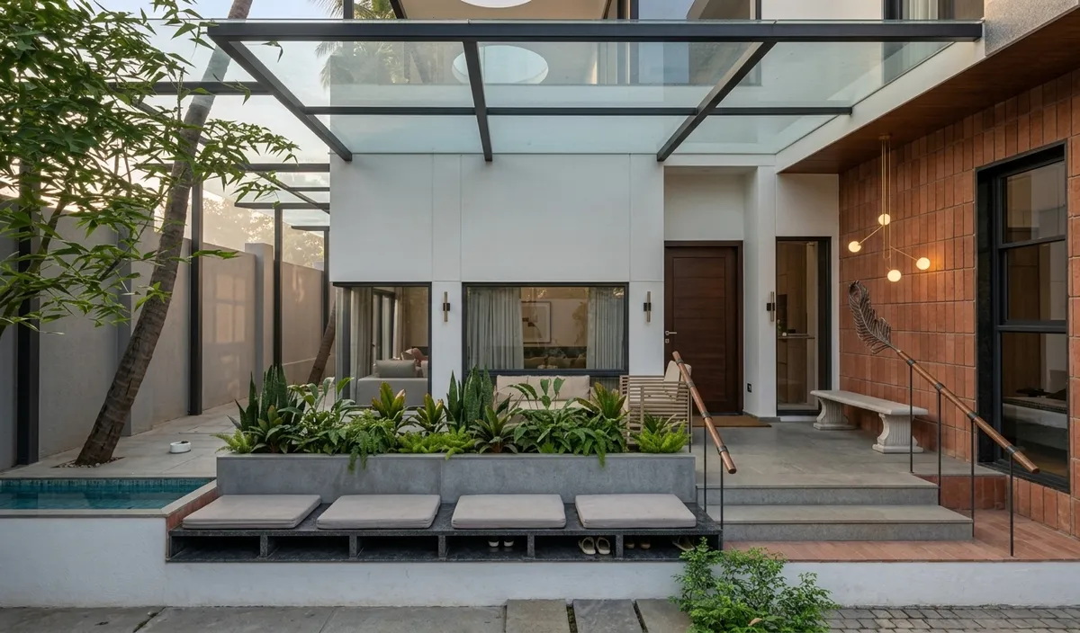 Visualisation: entrance threshold with built-in seating and shoe storage