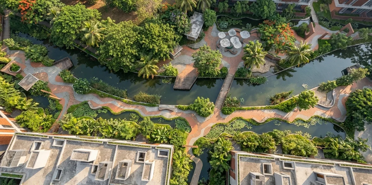Visualisation: aerial landscape of water channels, paths and bridges at Home of Sanctuaries, Bengaluru North